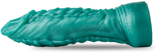 A turquoise colored sci-fi dildo from the side angle.