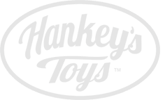 A gray circle surrounding gray text that says "Hankey's Toys".