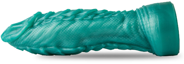 A turquoise fantasy dildo laying horizontally