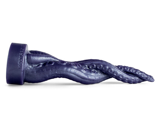 A tentacle like dildo that is blue and placed on a white background