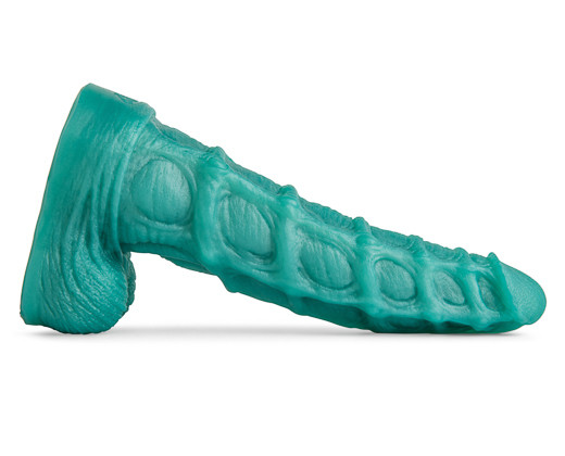 Blue textured dildo on white background.