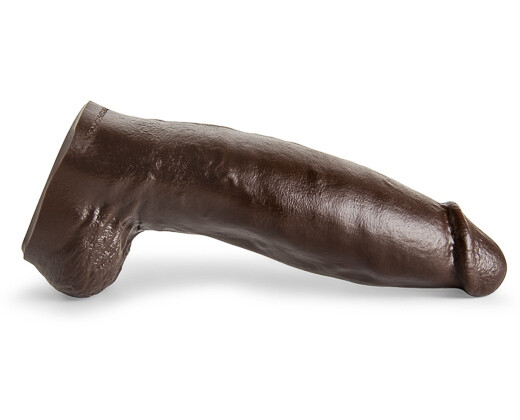 A brown chocolate dildo on a plain white background