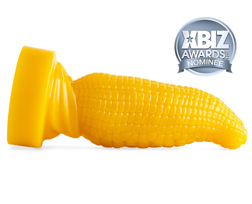 Vibrant yellow dildo shaped like a corn on the cob, textured for pleasure.