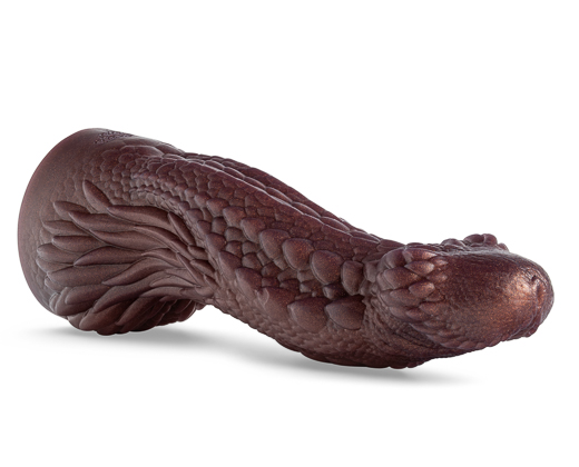 Darkish brown fantasy dildo with smooth groves like a dragon position sideview