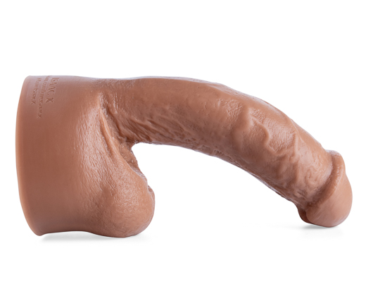 White background showcasing a big brown rubber dildo.