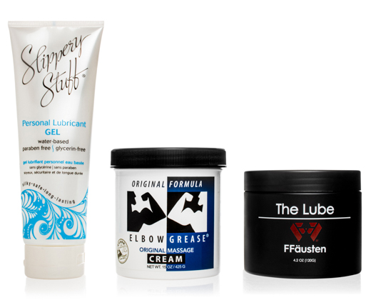  A set of skincare items: lube, cream jar, and cream tube for daily use.