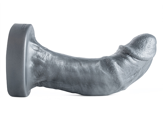 Hankey's Toys silver Captain's Hook dildo placed on a white background that has a tip curved upward