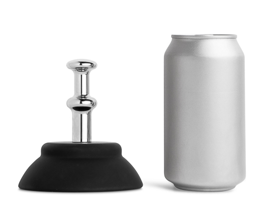 A can and its holder, one black and silver, sit side by side. The holder keeps the can secure and stylishly displayed.