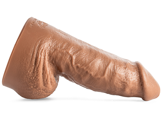 An enormous rubber cock, referred to as a huge dildo, showcased against a white backdrop.