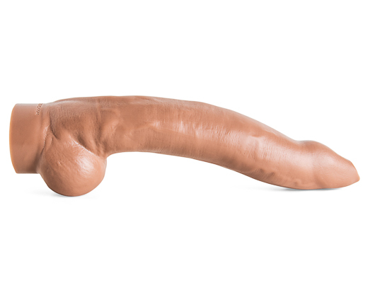 A long skin toned dildo that is curved down placed on a white background